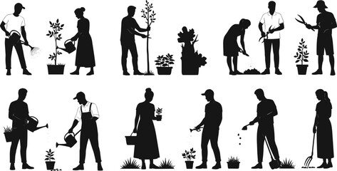 People gardening and planting, using watering cans, shovels, and rakes, black silhouette vector illustration set on white
