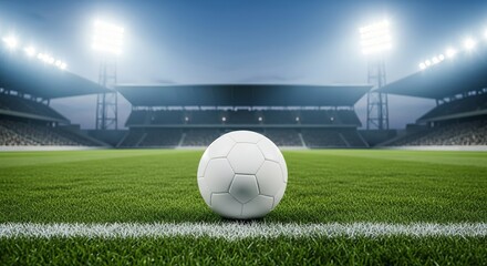 Soccer Ball on the Field at Night with Stadium Lights Shining Brightly