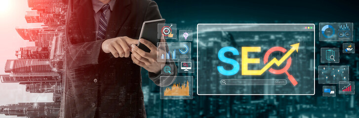 SEO concept for improving SEO visibility, with SEO related digital tools and SEO performance icons shown in an focused layout for strategic marketing. Spline