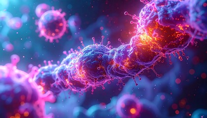 A highly detailed, abstract, and visually striking digital rendering of microscopic cellular structures bathed in vibrant pink and orange hues