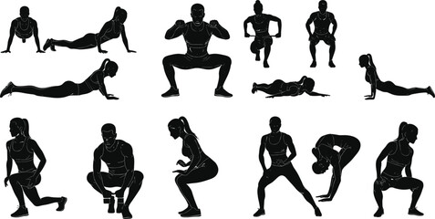 Workout and fitness exercise silhouettes, including squats, lunges, and push-ups, vector illustration set for health and training