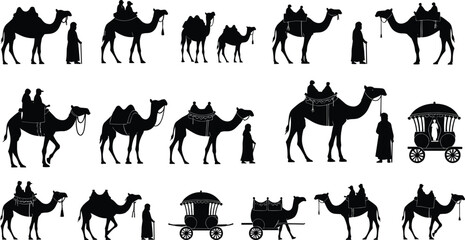 Camel and People Silhouette Set, Desert Oasis Adventure, Caravan Journey, Traditional Transport, Arabian Culture, Vector Illustration for Adobe Stock