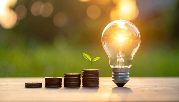 A light bulb glows next to stacked coins with a growing plant on top, symbolizing energy efficiency and growth, set against a blurred green background