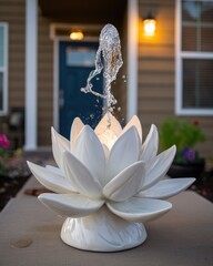 A serene, white lotus-shaped fountain, illuminated from within, creates a tranquil outdoor scene.
