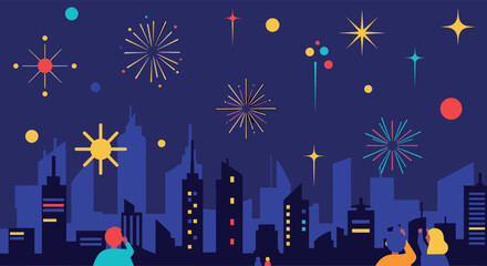 City skyline celebration with fireworks display