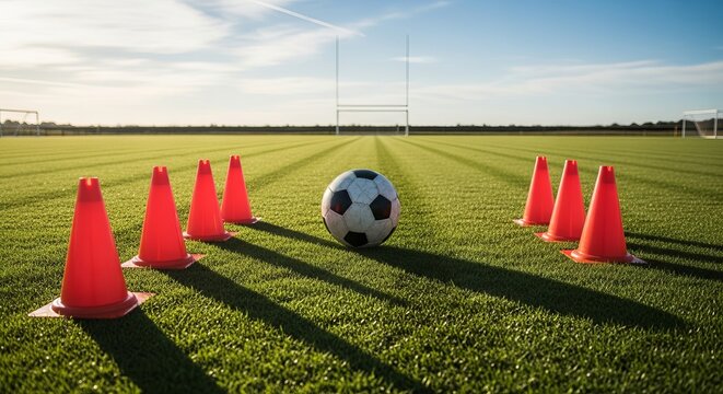 Soccer practice ground with ball and training cones on the green grass