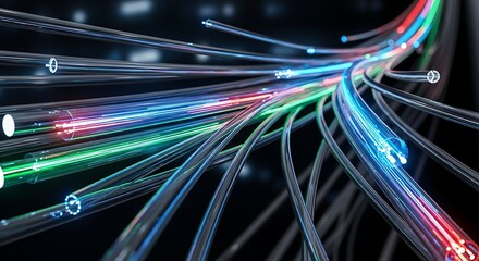 Close up of multiple fiber optic cables illuminated with vibrant colors on a dark background