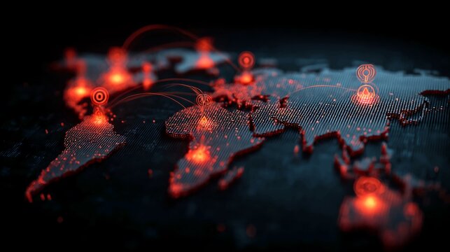 Global network security visualized with glowing red connections and data points across a world map, showing interconnectedness, vulnerability, and worldwide digital infrastructure