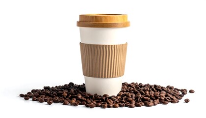 A reusable takeaway cup sits atop a bed of roasted coffee beans, suggesting a sustainable beverage choice with a natural backdrop