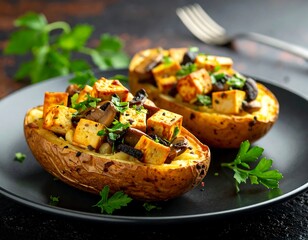 Baked Stuffed Potatoes with Tofu and Mushrooms.