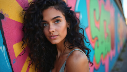 Fototapeta premium Beautiful young woman poses near vibrant graffiti art wall. Attractive female with curly hair looks at camera. Street style photo of urban beauty and fashion.