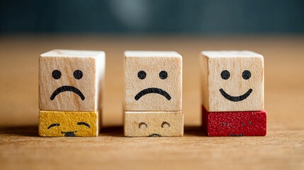 Expressive wooden blocks displaying emotional intelligence and mood choices, perfect for illustrating mental health awareness, customer feedback, and the journey to positivity