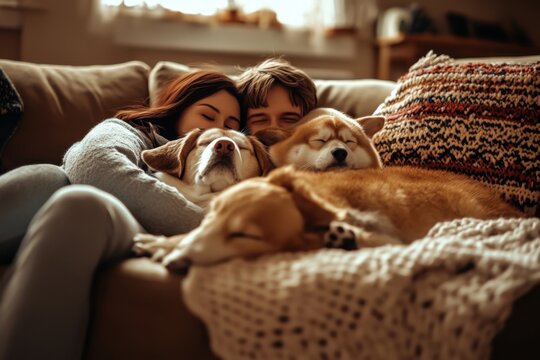 Cozy family time on a couch with dogs during a winter afternoon at home
