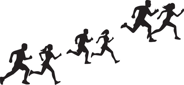 silhouette figures running upward showing progression growth and career advancement concept isolated on white background.