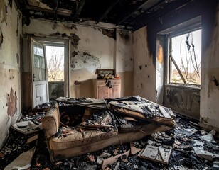 Burnt-Out Interior of a House.