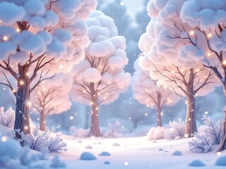 Winter wonderland scene with snow covered trees and fairy lights digital art background wallpaper on transparent background
