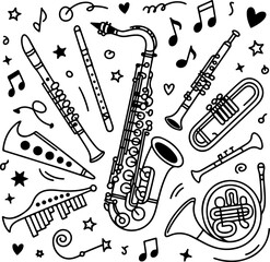 Naklejka premium Collection of musical instruments and musical notes on white background