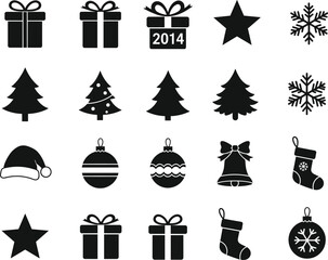 Christmas icons, holiday decoration symbols, gift box, snowflake, star, Christmas tree, stocking, ornament, bell, Santa hat