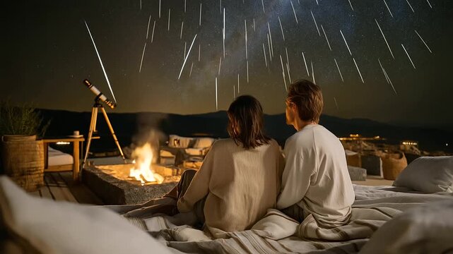 A couple watches a meteor shower in a desert, with blankets spread, a telescope pointed, stars streaking, and a campfire crackling, shown in a cosmic photo with star trails, flame flickers, and cele