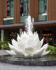 A beautiful lotus-shaped fountain, white and elegant, features cascading water, perfectly complementing the modern architectural design of a building.