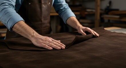 Person Wearing Light Blue Shirt and Brown Leather Apron, Hands Handling Dark Brown Suede Leather, Close-Up Medium Shot, Soft Textured Material Display, Crafting or Leatherworking Scene