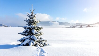 A solitary, snow-covered evergreen tree stands in a vast, sunlit snowy landscape, with rolling hills and a clear blue sky overhead