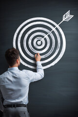A person drawing a target with a chalk on a blackboard, aiming for a precise bullseye with an arrow representing a focused strategy.