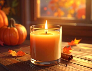 Autumn Candle with Pumpkins and Leaves.