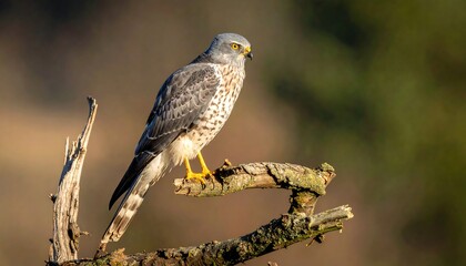 A stunning portrait captures a hawk perched majestically on a weathered branch, its piercing gaze fixed. The background is blurred, showcasing natural habitat