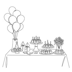 Party table with balloons, cakes, and flowers in line vector style, transparent background  