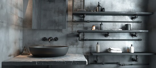 Industrial bathroom interior with open shelving and a round sink against a concrete wall surface
