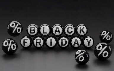 Black Friday words in white on black balls and percentage signs on a black background (3D photo)