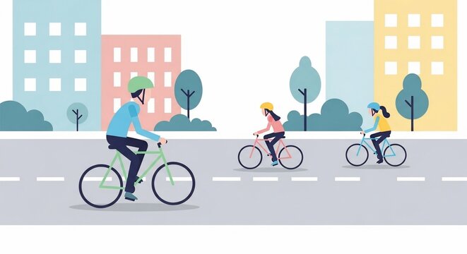 Urban Cycling: Cyclists traverse a city street on their bikes, enjoying a leisurely ride. The scene is filled with colorful buildings. 