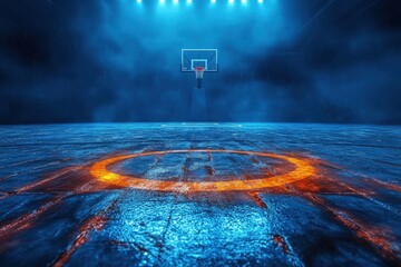 A vibrant basketball court illuminated by blue lights with a glowing orange center circle