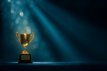 Golden trophy bathed in light, symbolizing achievement and success. Sparkles add to the ambiance of winning and celebration.