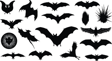 Bat silhouette collection vector, flying bats illustration, Halloween spooky design, gothic vampire bat artwork, dark nature clipart