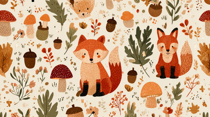 Cute hand-drawn fox family seamless pattern with forest elements like mushrooms and acorns