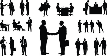 Businessman silhouette vector illustration set, office workers shaking hands, corporate teamwork discussion, meeting and presentation poses