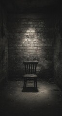 A wooden chair in a dimly lit, brick-walled room.