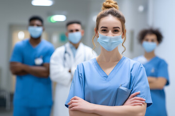 Healthcare heroes wearing masks in a hospital, frontline workers ready to help, essential workers, diverse team, doctor, nurse.