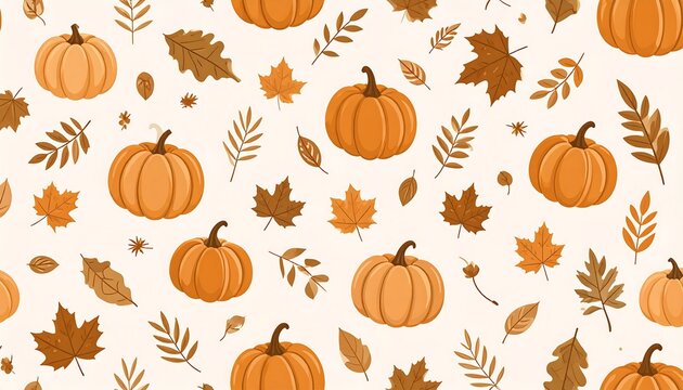 A whimsical pattern featuring various sizes of pumpkins and scattered fall foliage. Cream background. Warm autumn hues create a cozy seasonal aesthetic