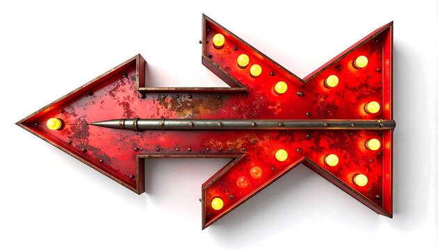 A vintage, rusty red arrow with illuminated yellow bulbs points left, a decorative element against a white background