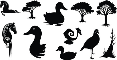 Nature animal silhouette illustration with horses, ducks, swans, trees, decorative birds, abstract shapes, black vector design