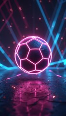 Naklejka premium Neon pink soccer ball on dark background with blue and pink lights. Soccer ball glows pink. Abstract futuristic sports concept with geometric shapes and lines. Digital artwork with neon colors.