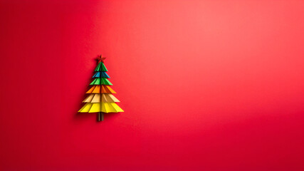 Minimalist Cheer: A Festive Eco-Friendly Christmas Tree Crafted from Colorful Paper on a Bold Red Canvas