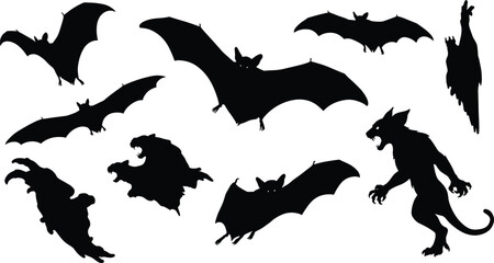 Scary bat silhouettes with monster creature, flying vampire bats vector, Halloween horror werewolf bat hybrid illustration clipart