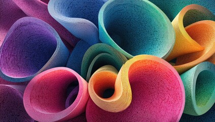 Abstract close-up of multicolored, rolled and curved shapes, with soft, granular texture