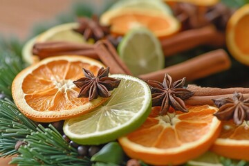 Festive Arrangement Dried Oranges, Limes, Cinnamon, Star Anise, and Evergreen for Holiday Decor