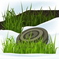 The mine is camouflaged in the grass and snow