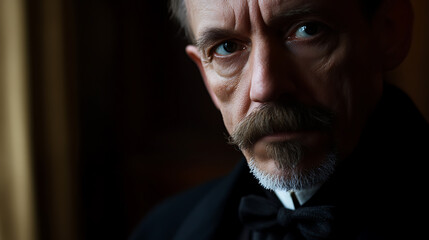 Dramatic portrait of a serious man, intense gaze, dark suit and bowtie. Mustache and goatee add to a distinguished, refined, mysterious look.